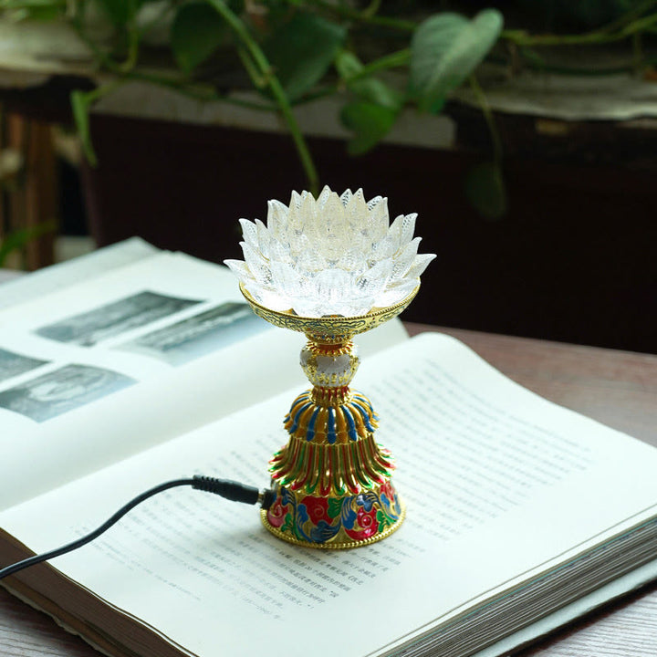 Buddha Stones Lotus Liuli Glass Eight Auspicious Symbols Base Enlightenment Home Decoration - White Lotus(9*14-16*6.8 cm) - Plug-in - image 9