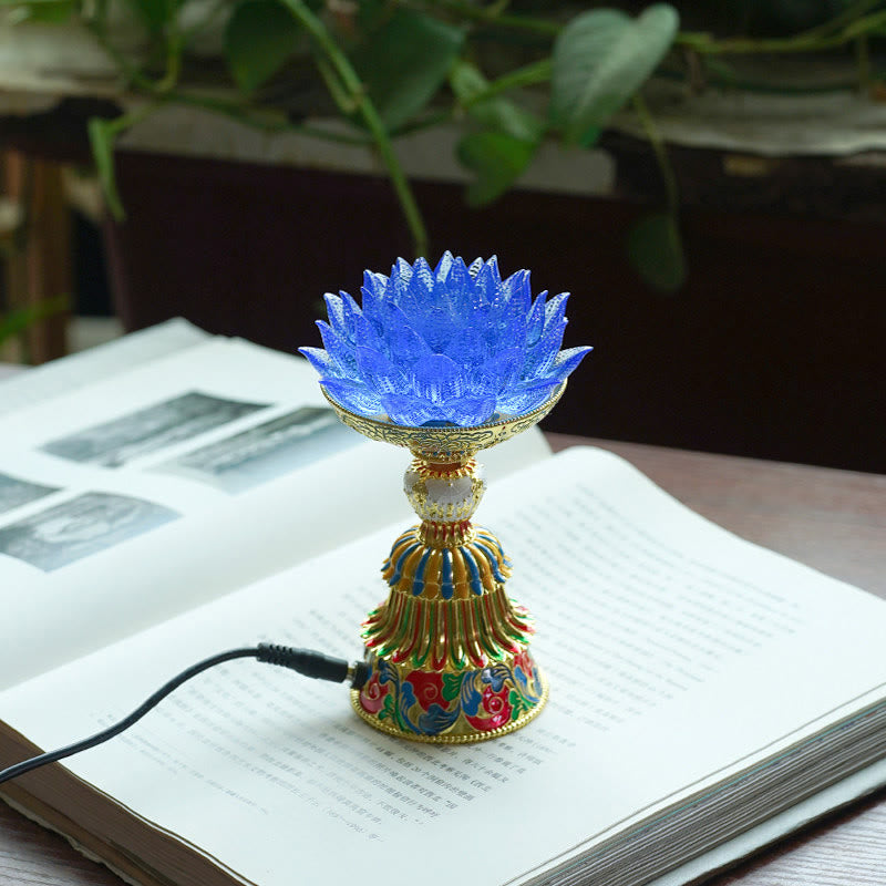 Buddha Stones Lotus Liuli Glass Eight Auspicious Symbols Base Enlightenment Home Decoration - Blue Lotus(9*14-16*6.8 cm) - Plug-in - image 10