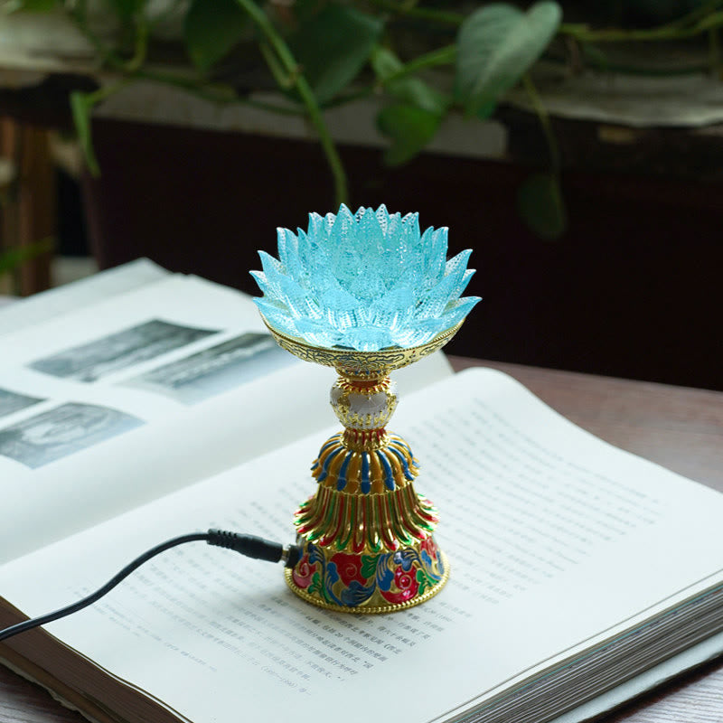 Buddha Stones Lotus Liuli Glass Eight Auspicious Symbols Base Enlightenment Home Decoration - Light Blue Lotus(9*14-16*6.8 cm) - Plug-in - image 11