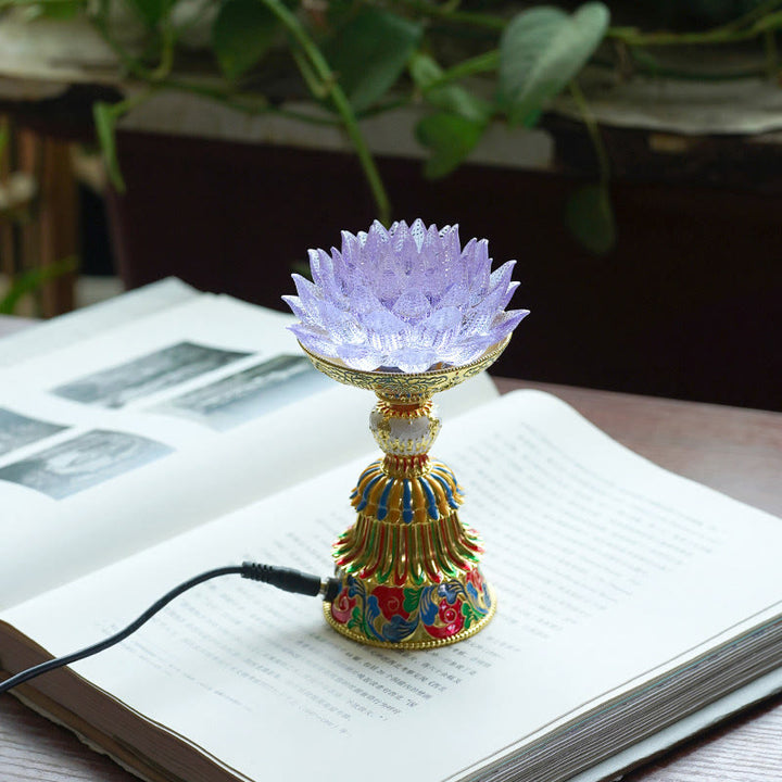 Buddha Stones Lotus Liuli Glass Eight Auspicious Symbols Base Enlightenment Home Decoration - Light Purple Lotus(9*14-16*6.8 cm) - Plug-in - image 13