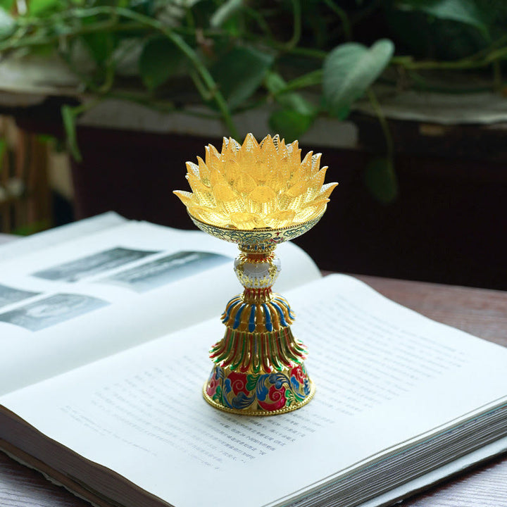 Buddha Stones Lotus Liuli Glass Eight Auspicious Symbols Base Enlightenment Home Decoration - Golden Lotus(9*14-16*6.8 cm) - Rechargeable - image 25