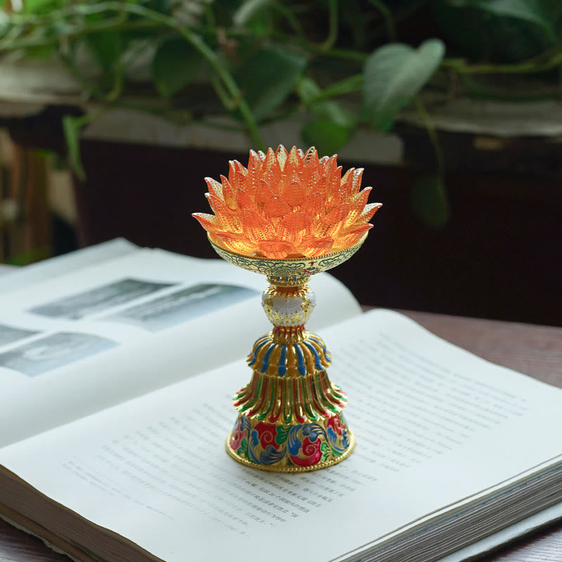 Buddha Stones Lotus Liuli Glass Eight Auspicious Symbols Base Enlightenment Home Decoration - Orange Lotus(9*14-16*6.8 cm) - Rechargeable - image 26