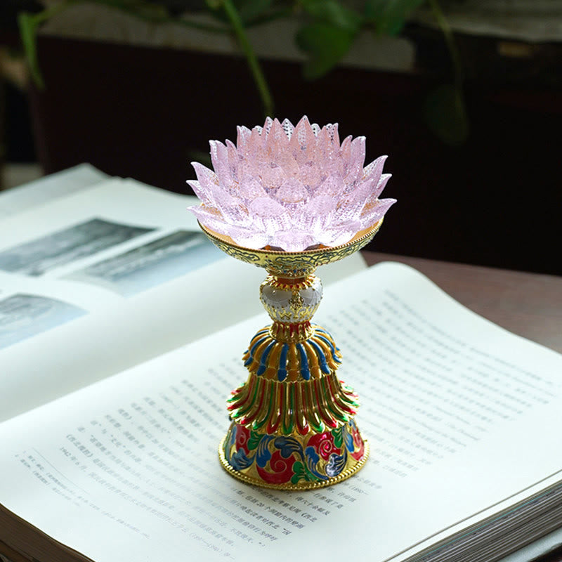 Buddha Stones Lotus Liuli Glass Eight Auspicious Symbols Base Enlightenment Home Decoration - Pink Lotus(9*14-16*6.8 cm) - Rechargeable - image 28