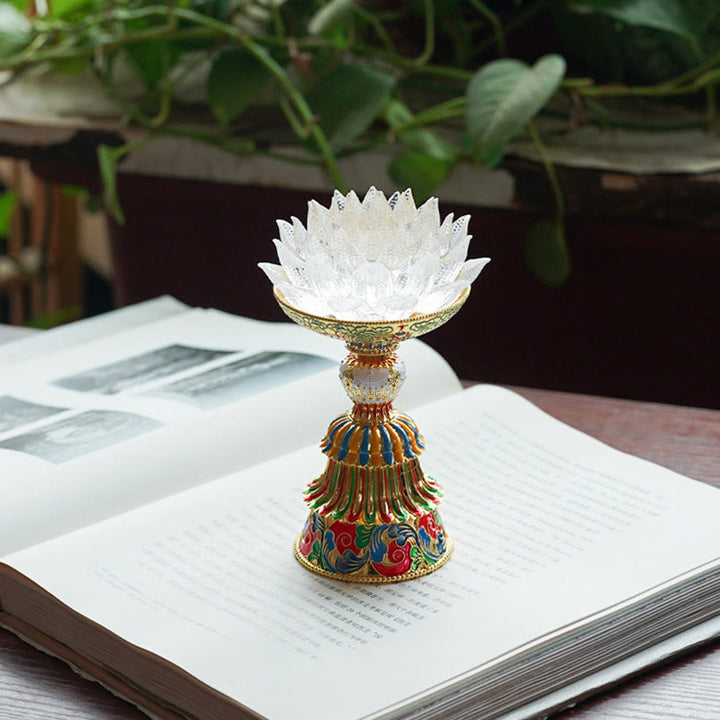 Buddha Stones Lotus Liuli Glass Eight Auspicious Symbols Base Enlightenment Home Decoration - White Lotus(9*14-16*6.8 cm) - Rechargeable - image 29