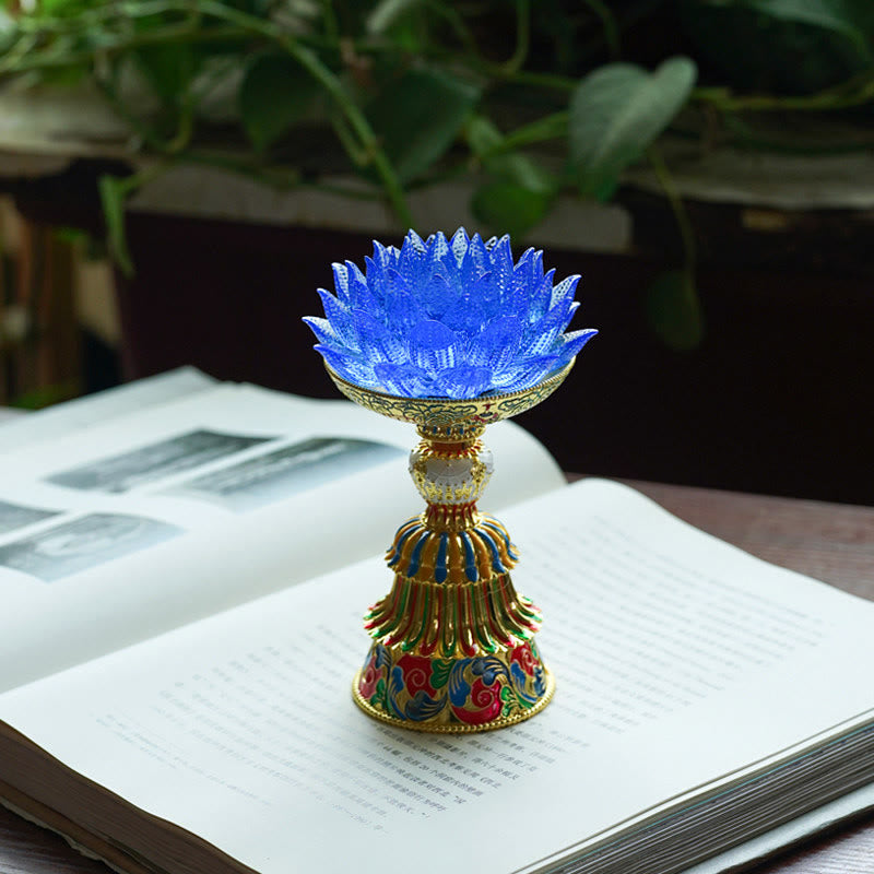 Buddha Stones Lotus Liuli Glass Eight Auspicious Symbols Base Enlightenment Home Decoration - Blue Lotus(9*14-16*6.8 cm) - Rechargeable - image 30