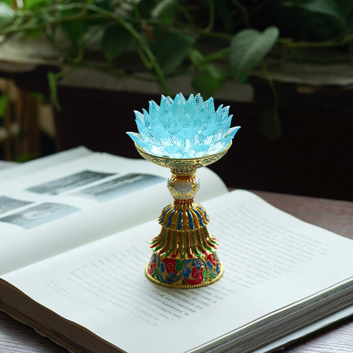 Buddha Stones Lotus Liuli Glass Eight Auspicious Symbols Base Enlightenment Home Decoration - Light Blue Lotus(9*14-16*6.8 cm) - Rechargeable - image 33