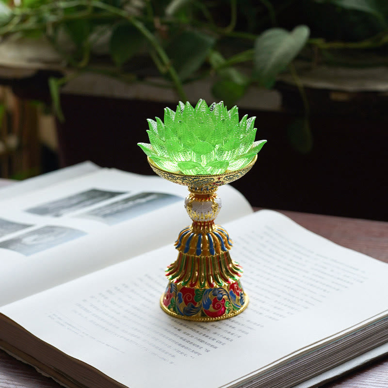 Buddha Stones Lotus Liuli Glass Eight Auspicious Symbols Base Enlightenment Home Decoration - Green Lotus(9*14-16*6.8 cm) - Rechargeable - image 34