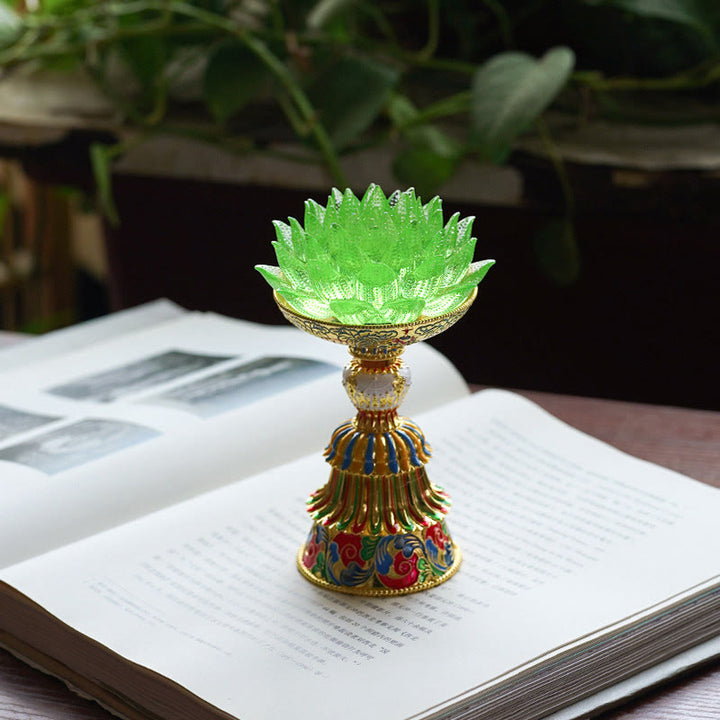 Buddha Stones Lotus Liuli Glass Eight Auspicious Symbols Base Enlightenment Home Decoration - Green Lotus(9*14-16*6.8 cm) - Rechargeable - image 34