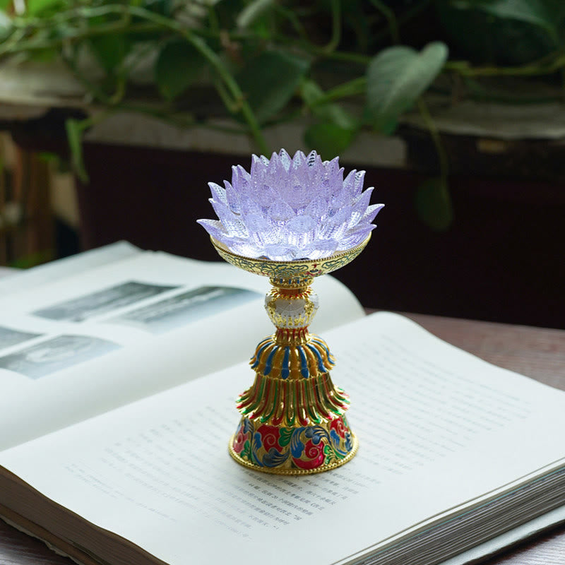 Buddha Stones Lotus Liuli Glass Eight Auspicious Symbols Base Enlightenment Home Decoration - Light Purple Lotus(9*14-16*6.8 cm) - Rechargeable - image 36