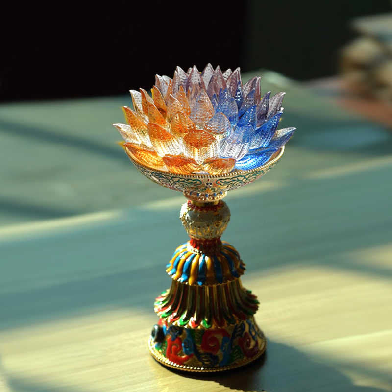 Buddha Stones Lotus Liuli Glass Eight Auspicious Symbols Base Enlightenment Home Decoration - Multiple Colors Lotus(9*14-16*6.8 cm) - Rechargeable - image 0