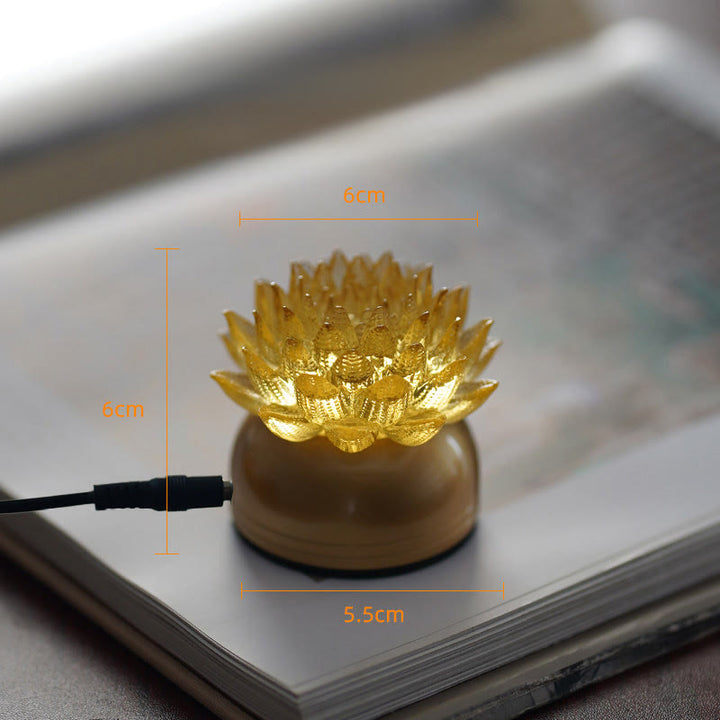 Buddha Stones Lotus Liuli Glass Copper Brass New Beginning Home Decoration - Golden Lotus Copper Brass Base(6*6*5.5 cm) - Plug-in - image 9