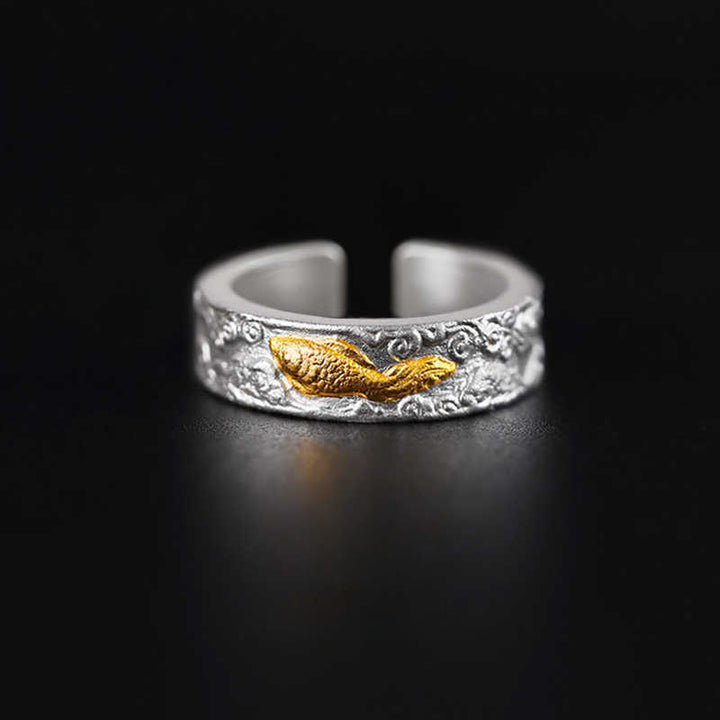 Buddha Stones 999 Sterling Silver 999 Gold Koi Fish Auspicious Clouds Luck Ring - 17.6-20.1mm(US7-US10) - image 0