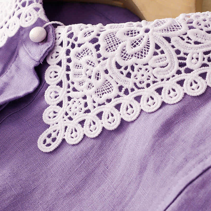 Buddha Stones Summer Hollow Lace Design Lapel Sleeveless Cotton Midi Dress With Pockets - image 6