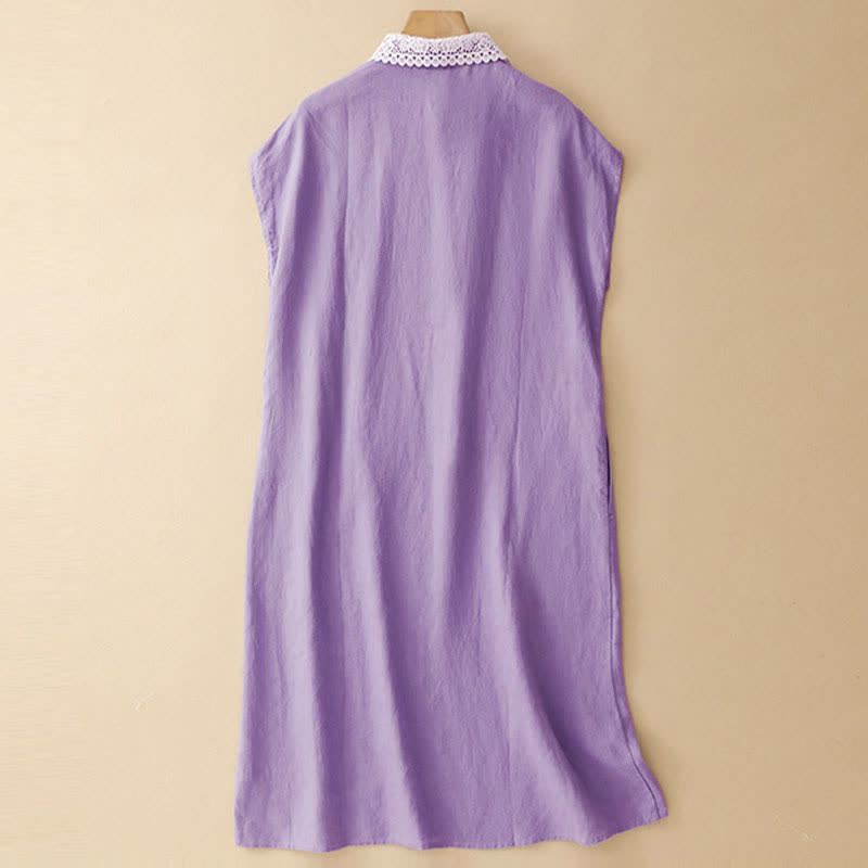 Buddha Stones Summer Hollow Lace Design Lapel Sleeveless Cotton Midi Dress With Pockets - image 4