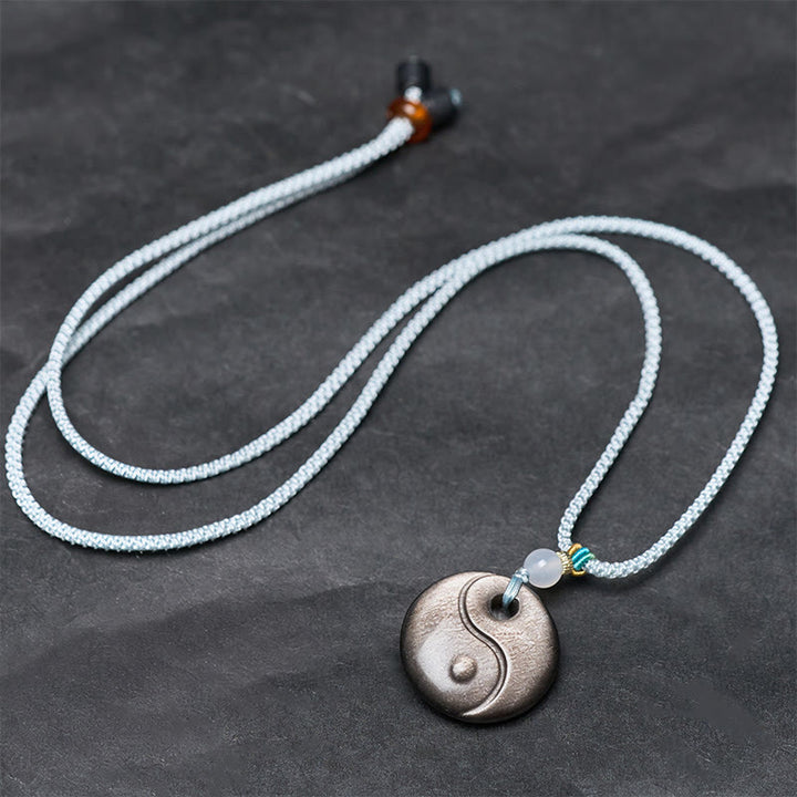 Buddha Stones Silver Sheen Obsidian Yin Yang Symbol Protection Necklace Pendant - image 3