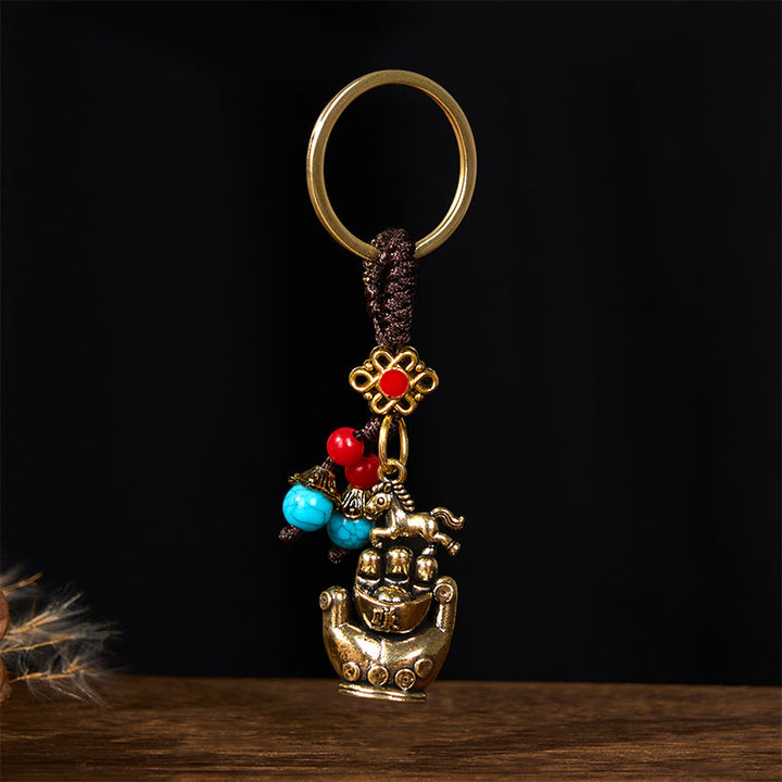 Buddha Stones Year Of The Horse Copper Brass String Five-Emperor Coins Balance Key Chain - image 1