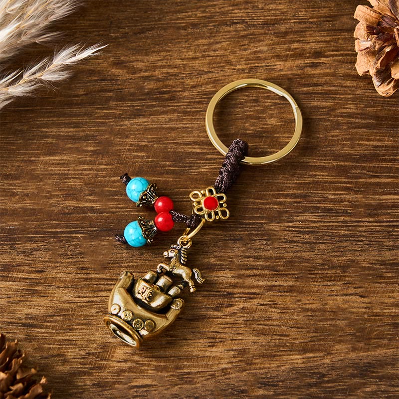Buddha Stones Year Of The Horse Copper Brass String Five-Emperor Coins Balance Key Chain - Blue Red Bead Horse - image 0