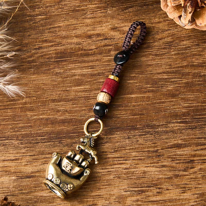 Buddha Stones Year Of The Horse Copper Brass String Five-Emperor Coins Balance Key Chain - Black Light Yellow Bead Horse - image 7