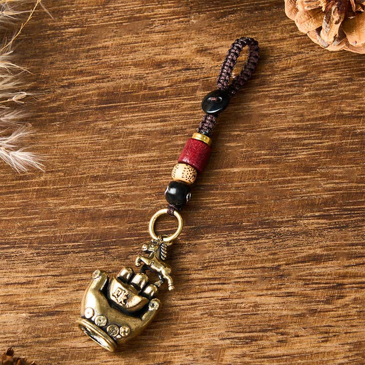 Buddha Stones Year Of The Horse Copper Brass String Five-Emperor Coins Balance Key Chain - Black Light Yellow Bead Horse - image 7