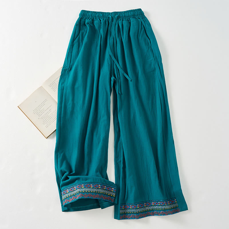 Buddha Stones Plain Bohemian Stripes Women's Wide Leg Pants With Pockets - DarkCyan - US12，UK/AU16，EU44 (4XL) - image 0