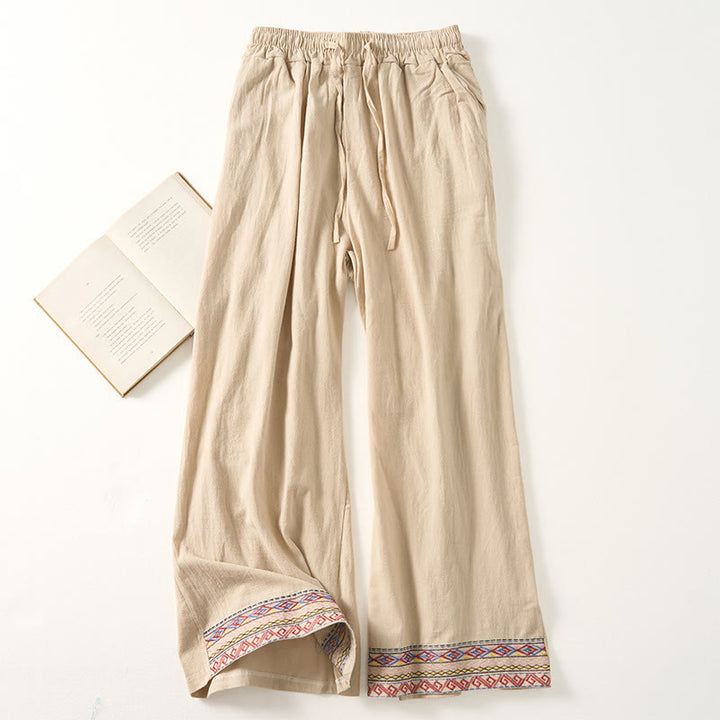 Buddha Stones Plain Bohemian Stripes Women's Wide Leg Pants With Pockets - Beige - US12，UK/AU16，EU44 (4XL) - image 5