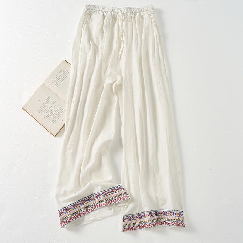 Buddha Stones Plain Bohemian Stripes Women's Wide Leg Pants With Pockets - White - US12，UK/AU16，EU44 (4XL) - image 15