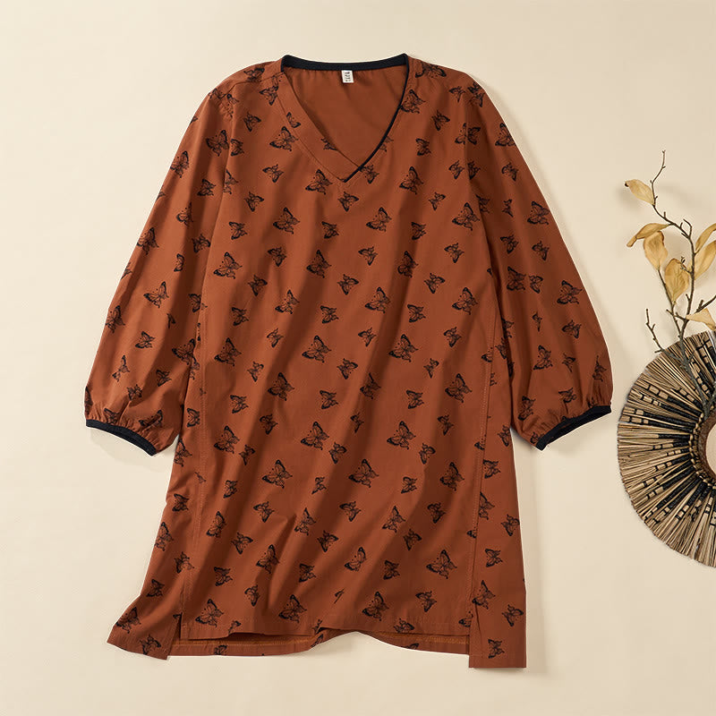 Buddha Stones Butterfly Pattern V-Neck Long Sleeve Women's Polyester Shirt  - Sienna - US12，UK/AU16，EU44 (2XL) - image 0
