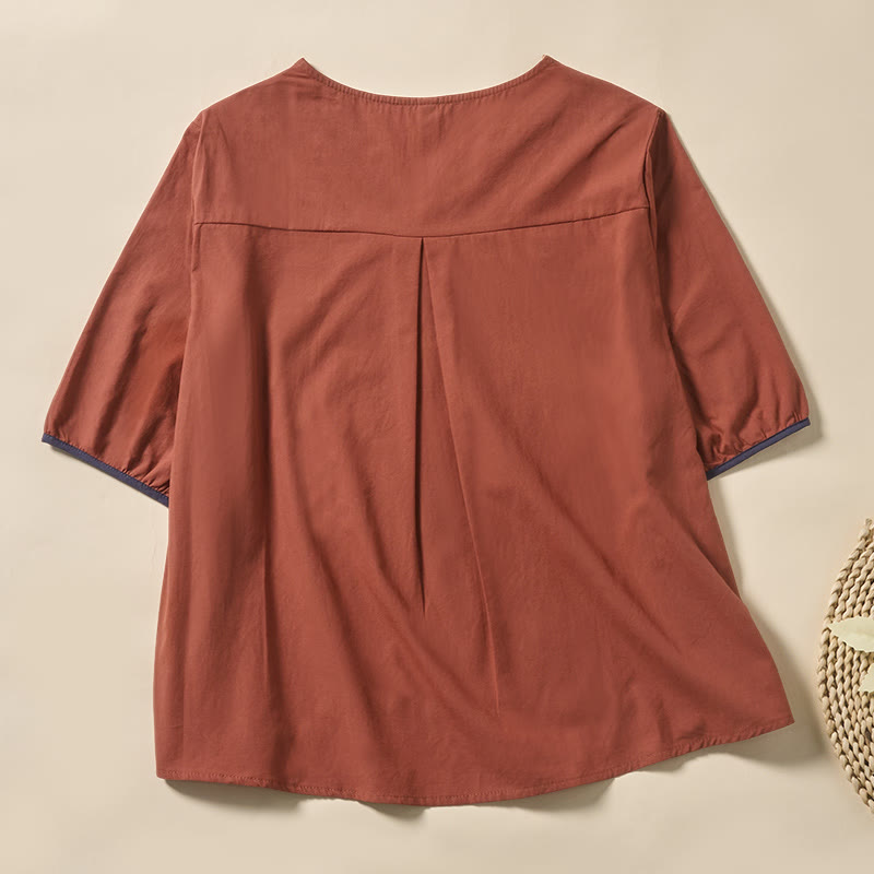 Buddha Stones Casual Floral Leaf Pattern V-Neck Women's Polyester Short Sleeve T-shirt - image 7
