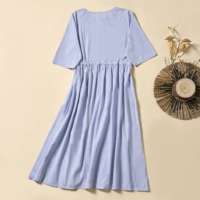 Buddha Stones Summer Grape Vine Embroidery Lace-up Design Short Sleeve Midi Dress With Pockets - image 1