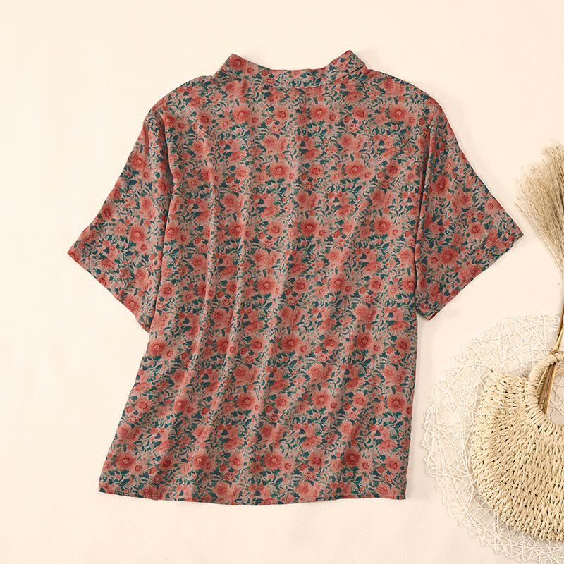 Buddha Stones Summer  Frog-Button Stand Collar Short Sleeve Flower Pattern Women's Cotton Shirt  - image 9