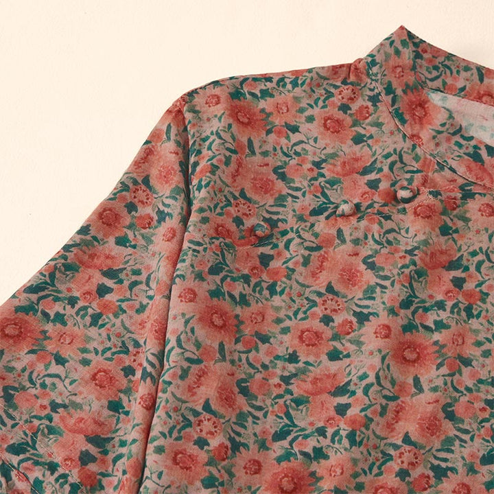 Buddha Stones Summer  Frog-Button Stand Collar Short Sleeve Flower Pattern Women's Cotton Shirt  - image 10