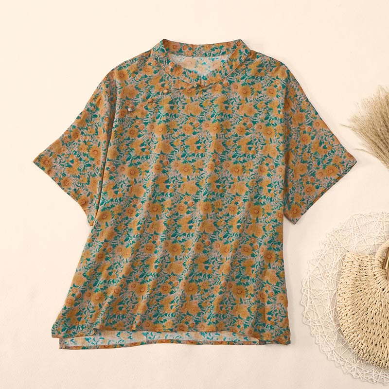 Buddha Stones Summer  Frog-Button Stand Collar Short Sleeve Flower Pattern Women's Cotton Shirt  - Goldenrod - US12，UK/AU16，EU44 (2XL) - image 0
