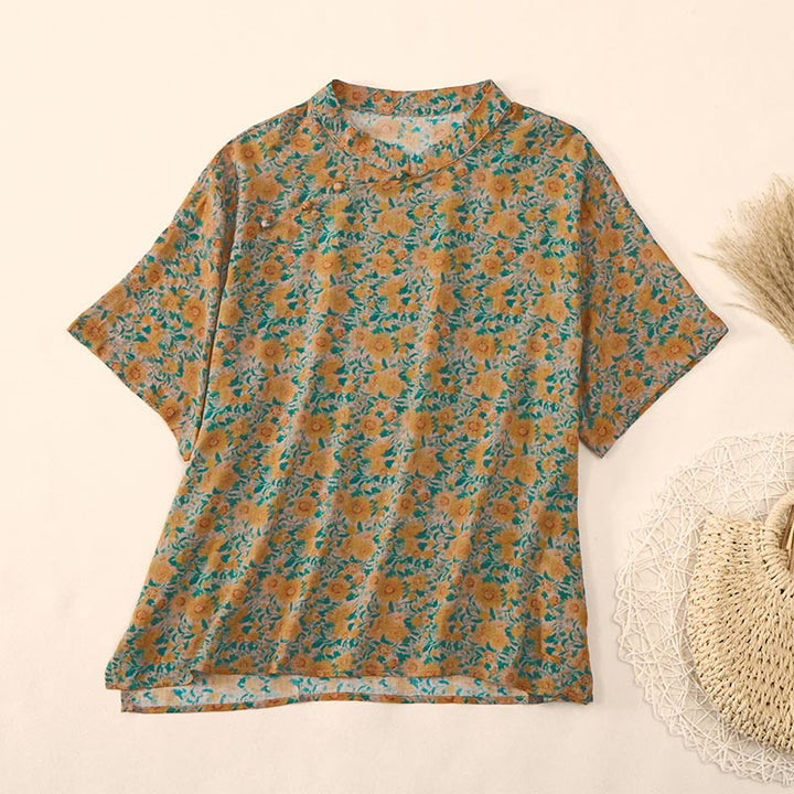 Buddha Stones Summer  Frog-Button Stand Collar Short Sleeve Flower Pattern Women's Cotton Shirt  - Goldenrod - US12，UK/AU16，EU44 (2XL) - image 0
