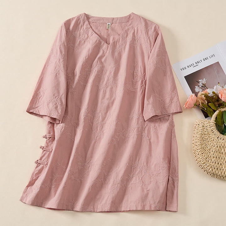 Buddha Stones Spring V-Neck Long Sleeve Leaf Pattern Women's Cotton Shirt  - Pink - US8-10，UK/AU12-14，EU40-42 (2XL) - image 0