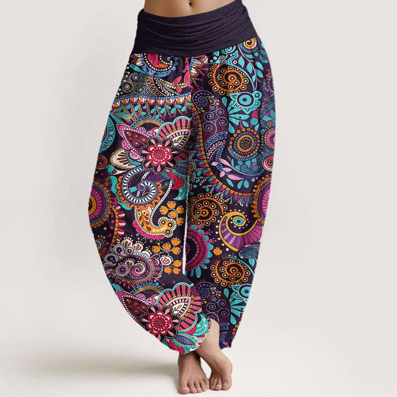 Buddha Stones Cotton Traditional Paisley Pattern Women's Elastic Waist Harem Pants - Black - US16，UK/AU20，EU48 (3XL) - image 0