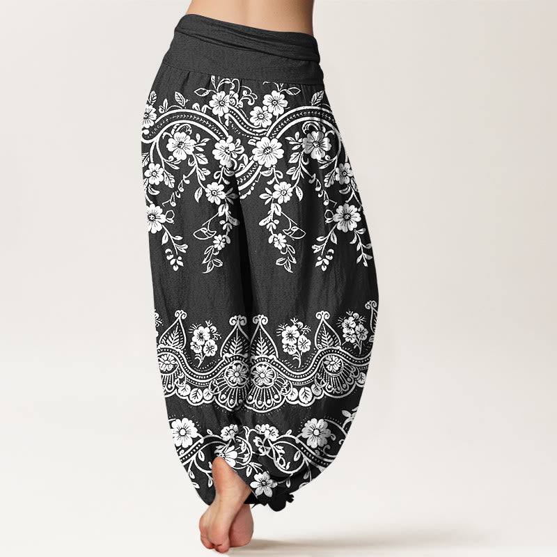 Buddha Stones Cotton Traditional Flower Vine Leaf Pattern Women's Elastic Waist Harem Pants - image 1