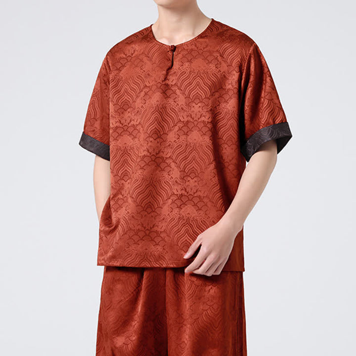 Buddha Stones Summer Retro Crackle Auspicious Cloud Pattern Short Sleeve Men's T-shirt - image 17