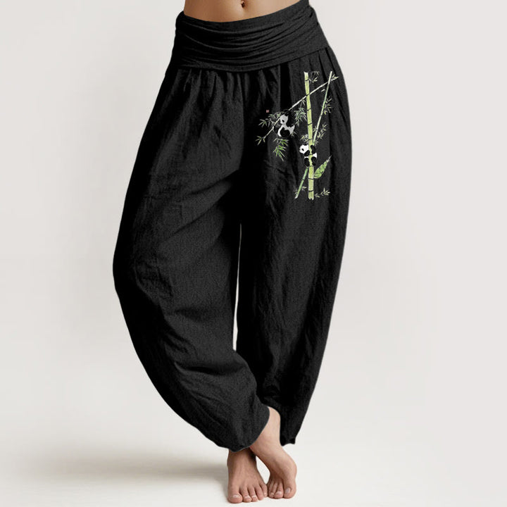 Buddha Stones Pure Cotton Simple Style Panda Bamboo Pattern Women's Elastic Waist Harem Pants - Black - US16，UK/AU20，EU48 (3XL) - image 0