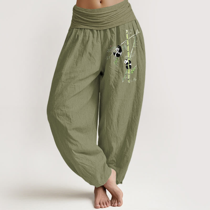 Buddha Stones Pure Cotton Simple Style Panda Bamboo Pattern Women's Elastic Waist Harem Pants - OliveDrab - US16，UK/AU20，EU48 (3XL) - image 14
