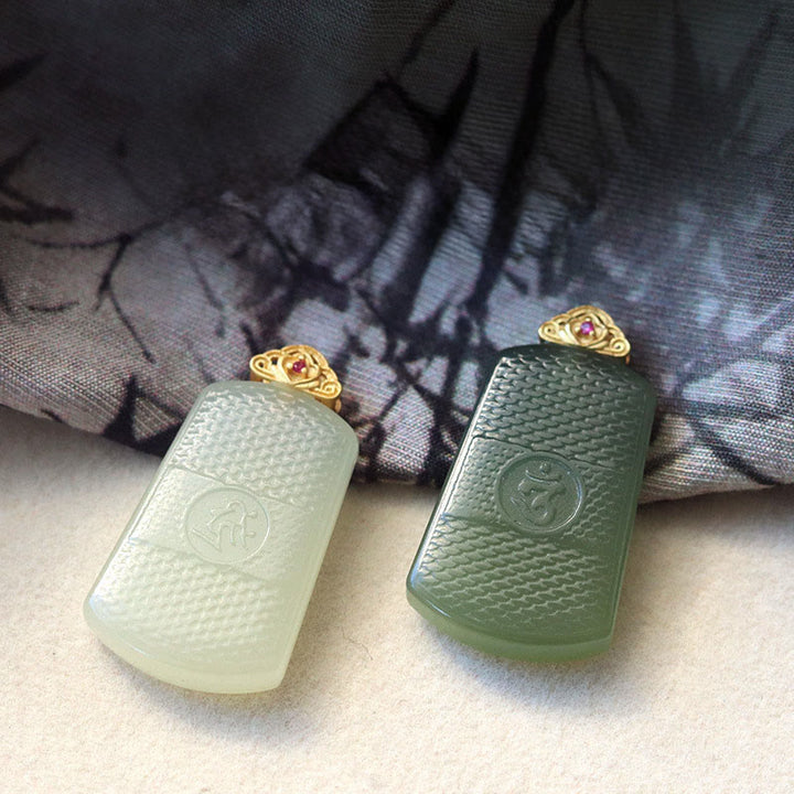 Buddha Stones Hetian Jade 925 Sterling Silver Om Symbol Prosperity Necklace Pendant - image 9