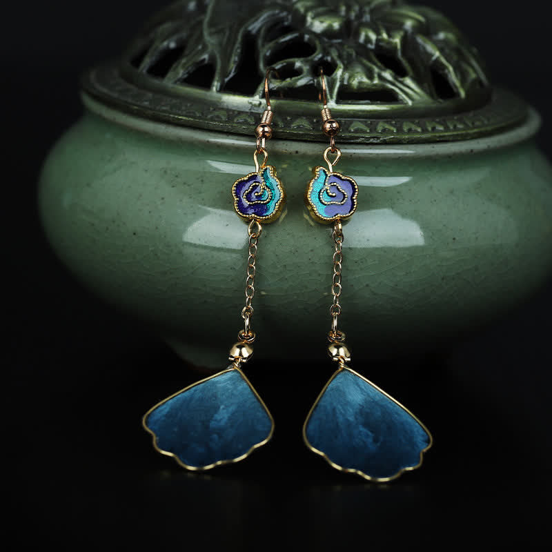 Buddha Stones Handcrafted Silk Art Petal Good Fortune Blessing Dangle Hook Earrings - image 3