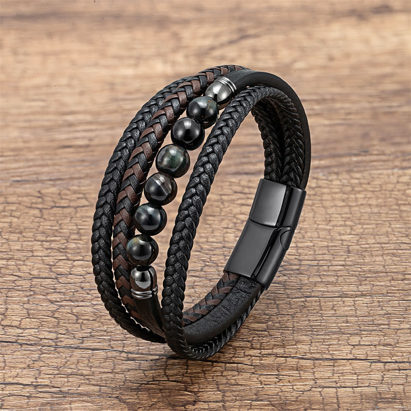 Buddha Stones Tiger Eye Lava Rock Black Onyx Lazurite Lapis Lazuli Hematite Bead Positive Leather Bracelet - Agate - 18-22cm - image 12