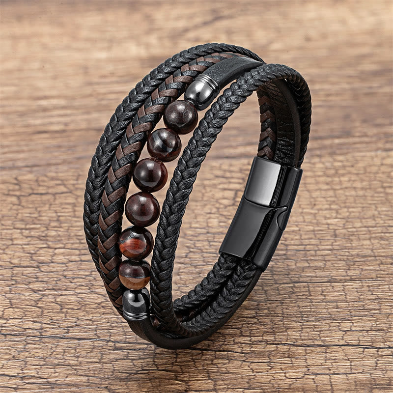 Buddha Stones Tiger Eye Lava Rock Black Onyx Lazurite Lapis Lazuli Hematite Bead Positive Leather Bracelet - Brown Red Tiger Eye - 18-22cm - image 13