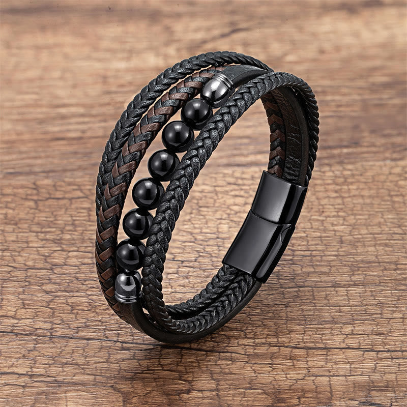 Buddha Stones Tiger Eye Lava Rock Black Onyx Lazurite Lapis Lazuli Hematite Bead Positive Leather Bracelet - Black Onyx - 18-22cm - image 20