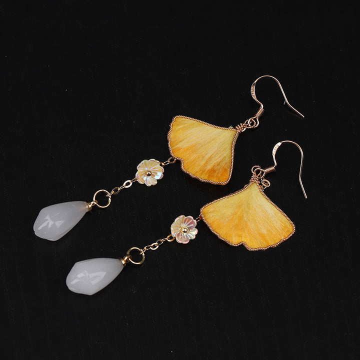 Buddha Stones Handmade Silk Craft Yellow Ginkgo Leaf Copper Hook Good Fortune Dangle Earrings - Ginkgo Leaf&White Bead(Size: About 7.5*2.8cm) - image 9