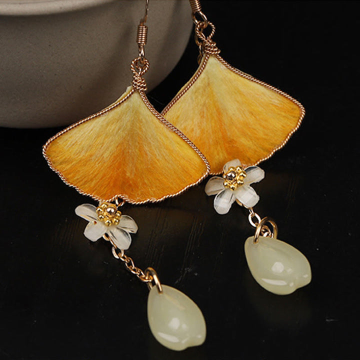 Buddha Stones Handmade Silk Craft Yellow Ginkgo Leaf Copper Hook Good Fortune Dangle Earrings - image 5