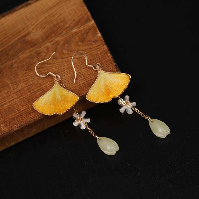 Buddha Stones Handmade Silk Craft Yellow Ginkgo Leaf Copper Hook Good Fortune Dangle Earrings - image 4