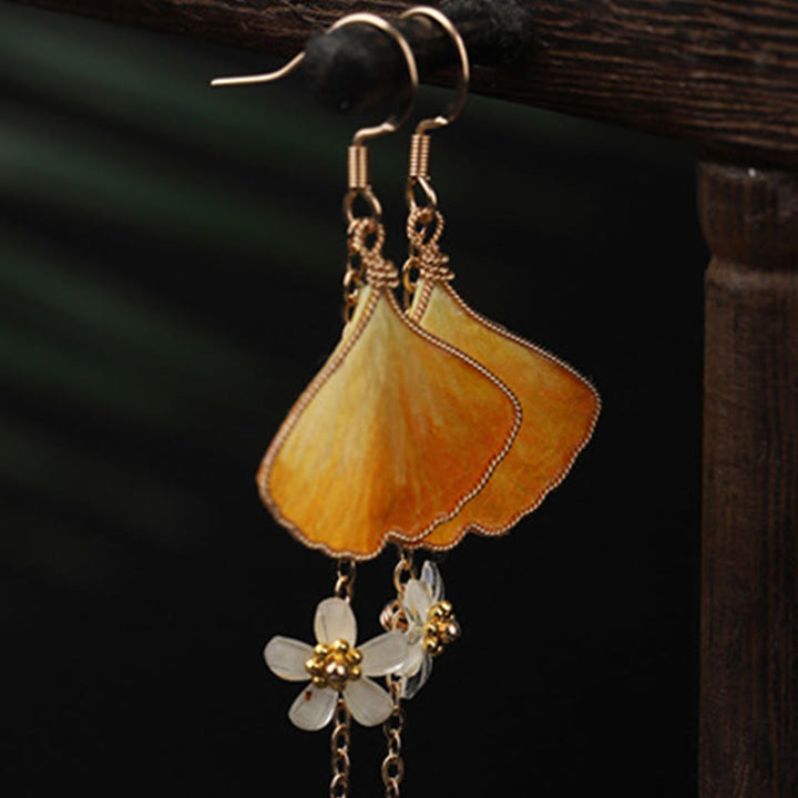 Buddha Stones Handmade Silk Craft Yellow Ginkgo Leaf Copper Hook Good Fortune Dangle Earrings - image 6