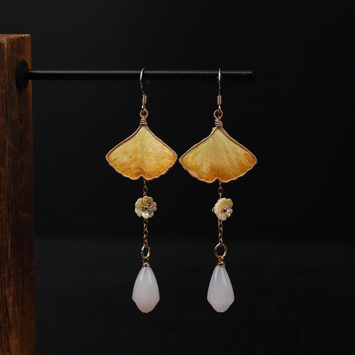 Buddha Stones Handmade Silk Craft Yellow Ginkgo Leaf Copper Hook Good Fortune Dangle Earrings - image 11