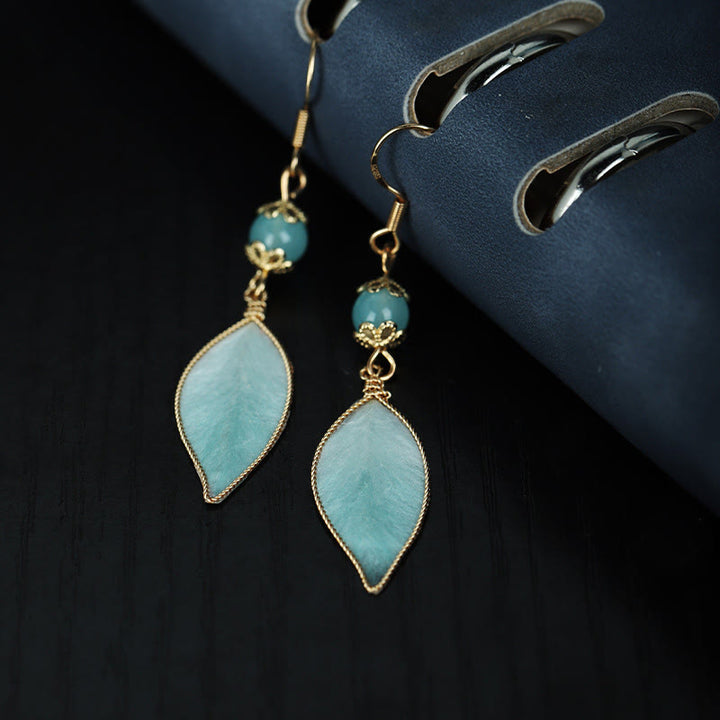 Buddha Stones Handmade Cyan Leaf Copper Plated Silver Hook Protection Drop Earrings - image 2